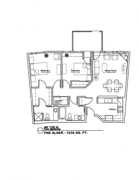 Floor plan for 2 beds, 2 baths, 1058 sqft